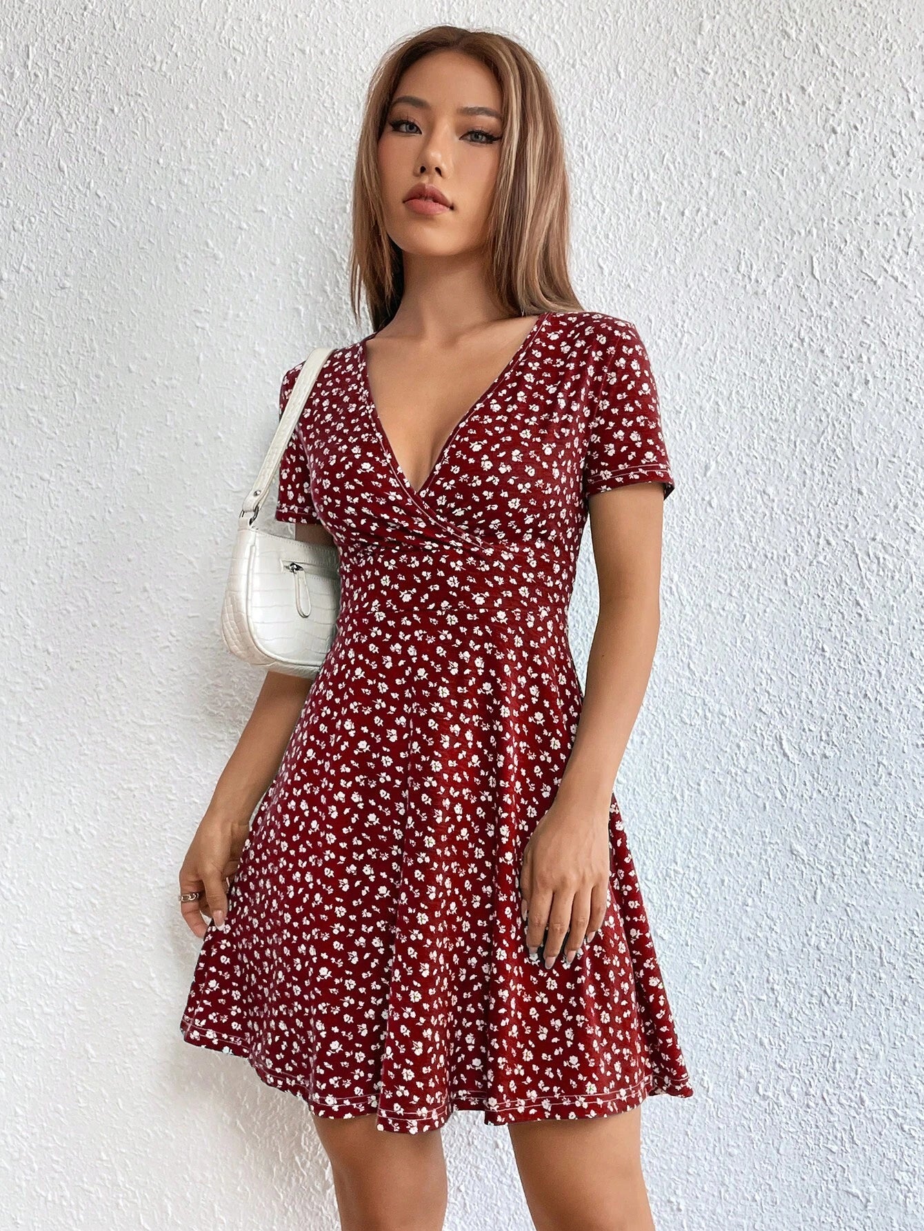 Ezwear Women Spring/Summer Elegant Wrap Heart Polka Dot Print V-Neck Short Sleeve Dress,Sun Dress