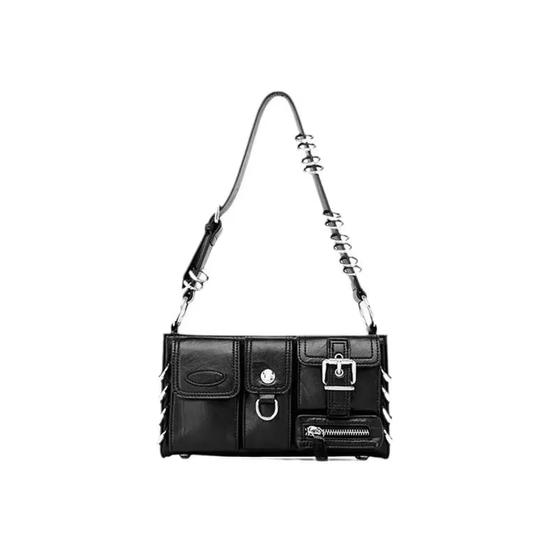 Meet You Y2K Vintage Gothic Black Shoulder Bag for Women Punk Cool Girls Multi-Pocket Pu Leather Underarm Bag Trend Tote Bag