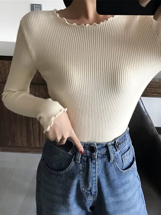 O Neck Ruched Women Sweater High Elastic Solid 2025 Fall Winter Fashion Sweater Women Slim Sexy Knitted Pullovers Pull Femme