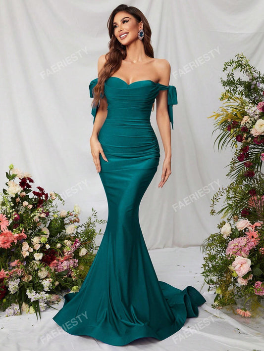Off Shoulder Knot Side Ruched Satin Formal Dress, Elegant Prom Evening Wedding Guest Gown, for Graduation, Dinner