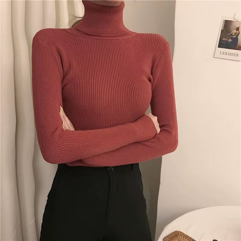 Turtleneck Pullovers Sweaters Women Autumn Winter Primer Shirt Long Sleeve Short Slim-Fit Tight Jumper Tops Solid
