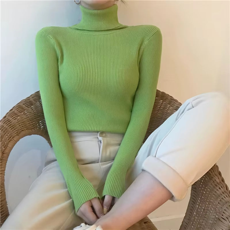 Turtleneck Pullovers Sweaters Women Autumn Winter Primer Shirt Long Sleeve Short Slim-Fit Tight Jumper Tops Solid