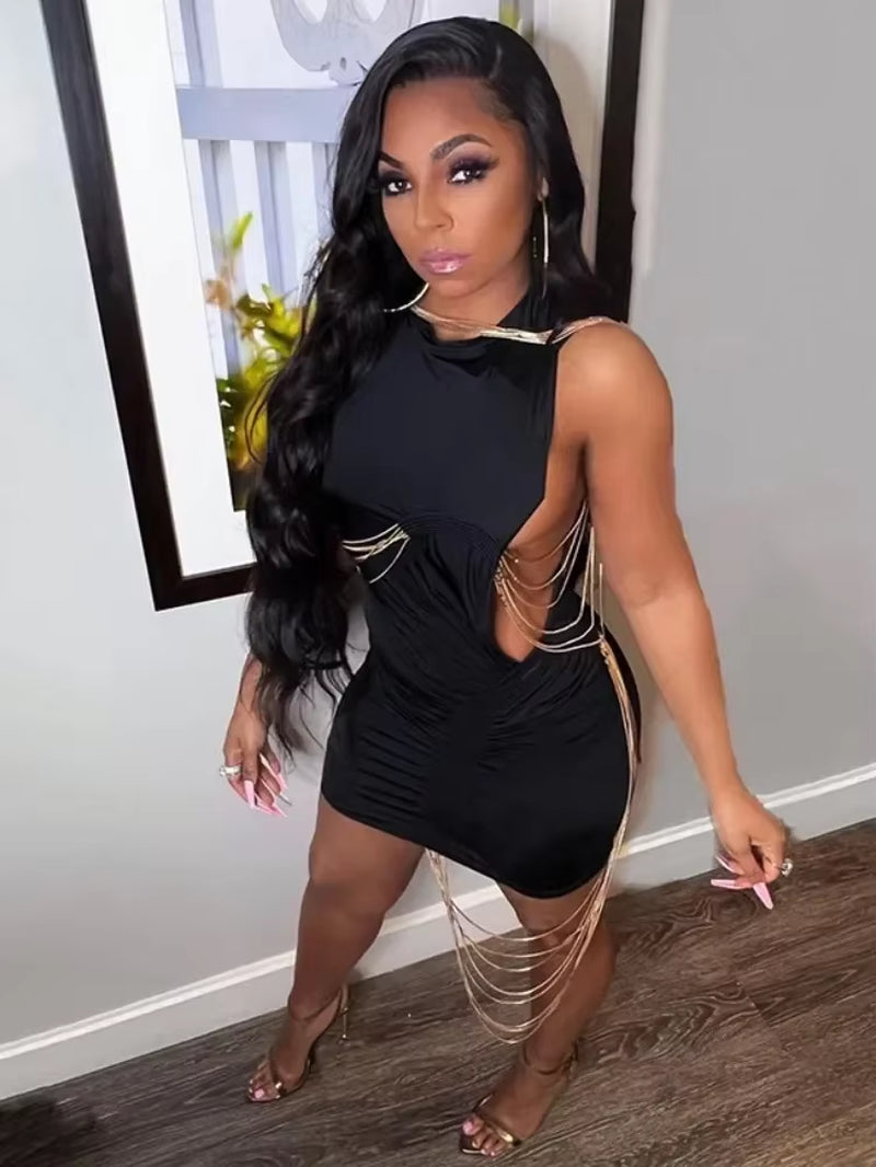 Solid Fringe Sexy Dress Slim Cut-Out Streetwear Sleeveless O-Neck Dresses One-Piece Summer High-Waisted Casual Women Clothing