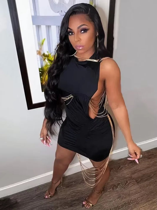 Solid Fringe Sexy Dress Slim Cut-Out Streetwear Sleeveless O-Neck Dresses One-Piece Summer High-Waisted Casual Women Clothing