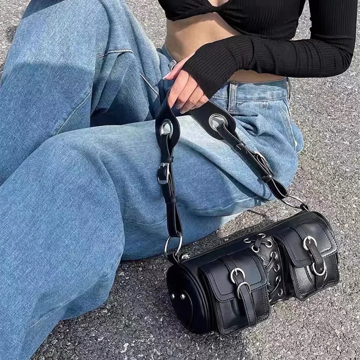 Y2K Korean Women Harajuku Vintage Gothic Black Hand Bag Aesthetic Elegant Punk Wallet Purse Handbags Shoulder Trend Tote Bags