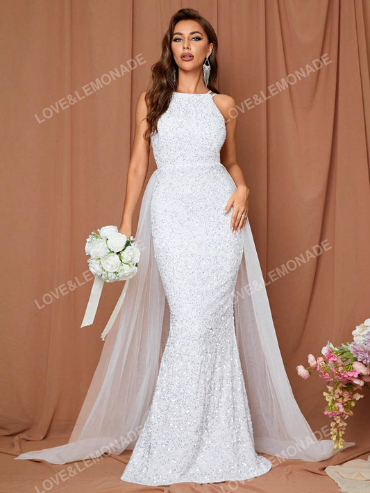 LOVE&LEMONADE Women'S White Fish Tail Wedding Dress with Straps