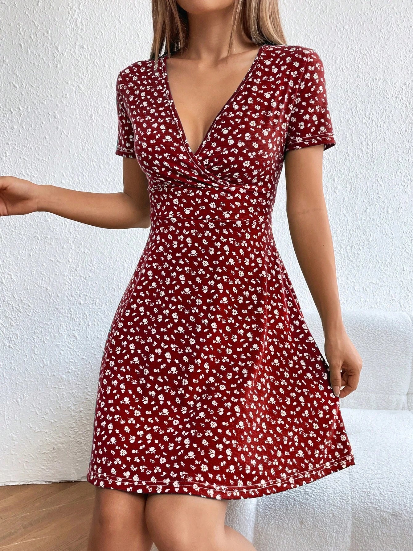 Ezwear Women Spring/Summer Elegant Wrap Heart Polka Dot Print V-Neck Short Sleeve Dress,Sun Dress